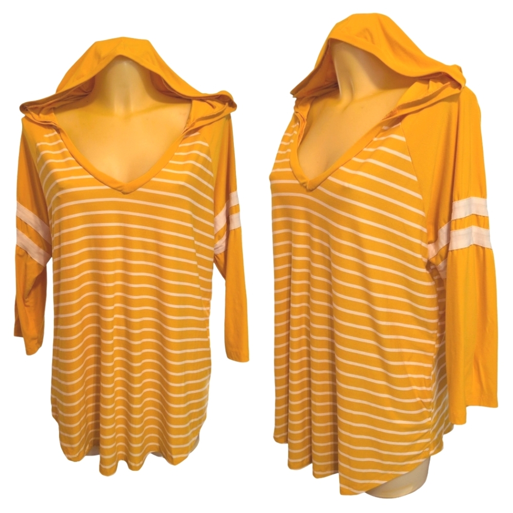 🌹3/15🌹BOBBIE BROOKS Bright Yellow And White Striped Hooded Long Sleeve Shirt
